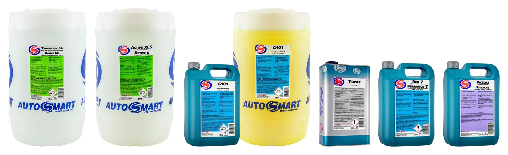 Úrval Autosmart hreinsiefna: 25 lítra brúsar af Truckwash 66, Active XLS og G101 ásamt 5 lítra brúsum af G101, Topaz, Red 7 og Pazzaz