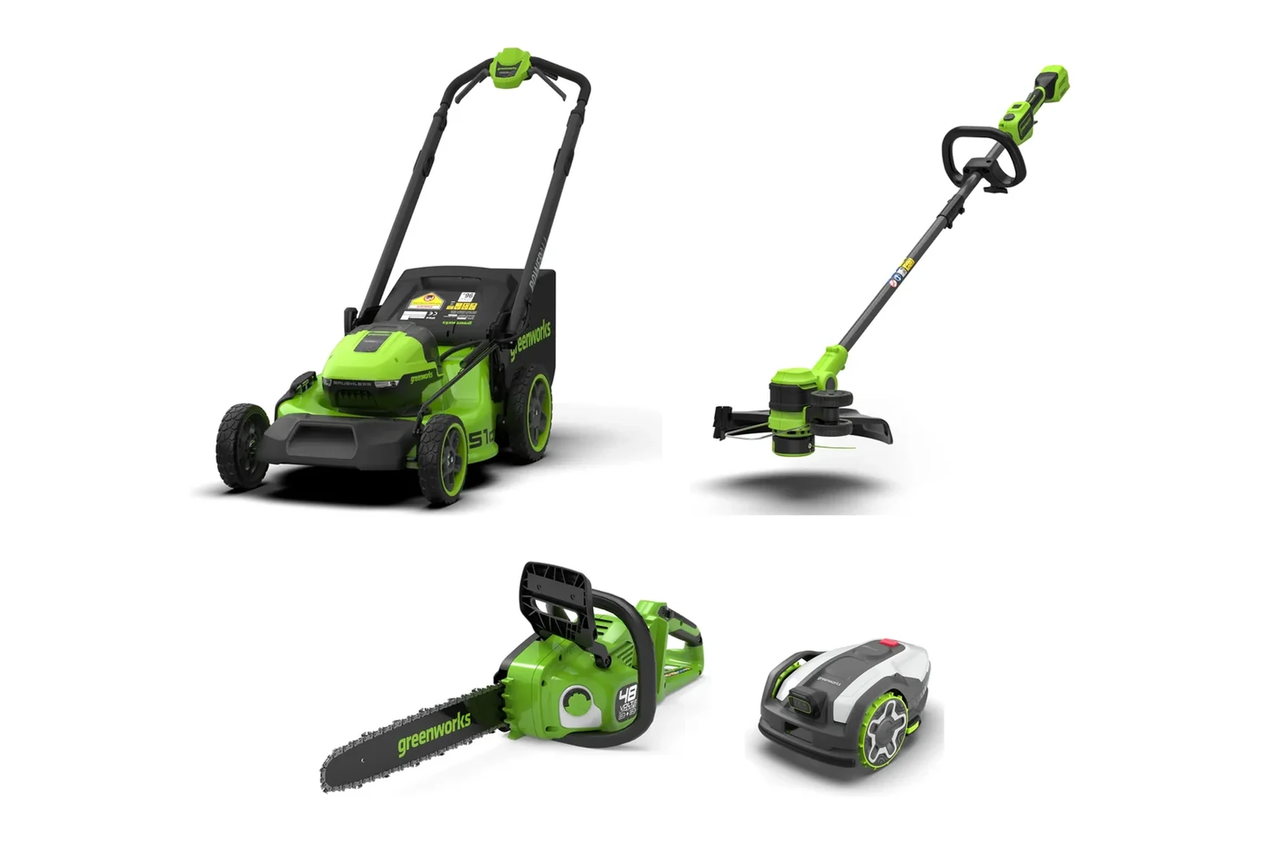 Greenworks 48 V sláttuvél, 24 V sláttuorf, 48 V keðjusög og AiMowbot slátturóbót