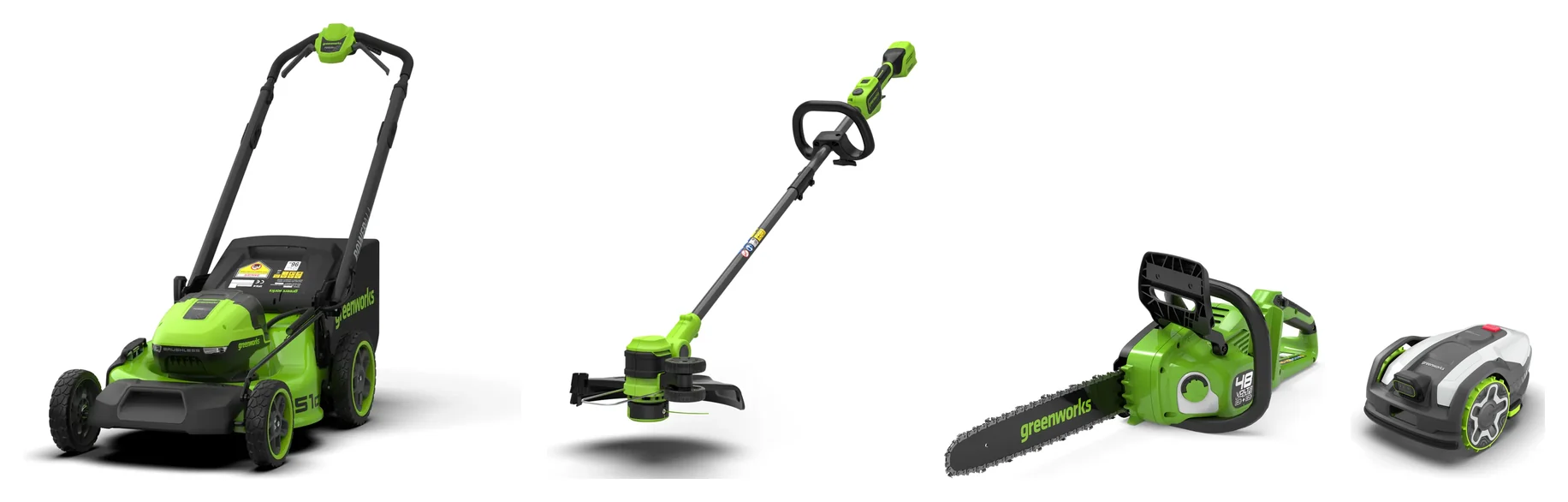 Greenworks 48 V sláttuvél, 24 V sláttuorf, 48 V keðjusög og AiMowbot slátturóbót