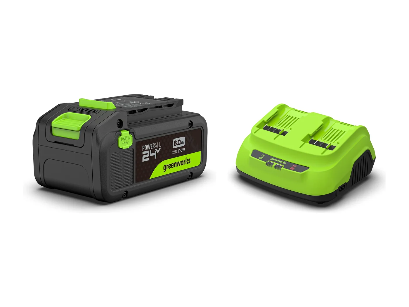 Greenworks 24 V POWERALL rafhlaða 6 Ah með USB-C-tengi og 24 V tvíhleðslutæki 200 W