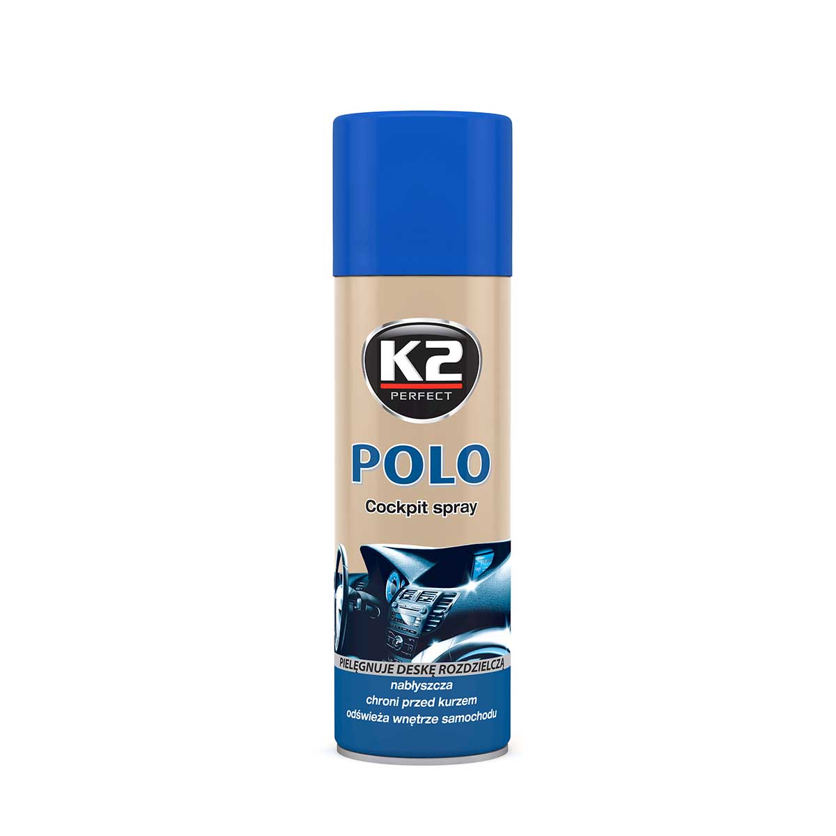 Mælaborðshreinsir K2 Polo – Polo-úðabrúsi með lavender-ilmi og bláu loki