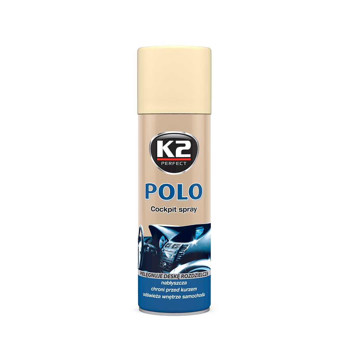 Mælaborðshreinsir K2 Polo – Polo-úðabrúsi með vanilluilmi og ljósu loki
