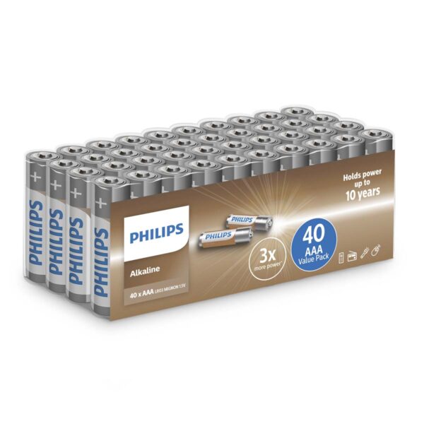 Philips Alkaline AAA batterí, 40 stykki í pakka.