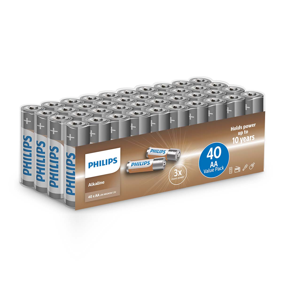 Philips Alkaline AA batterí, 40 stykki í pakka.