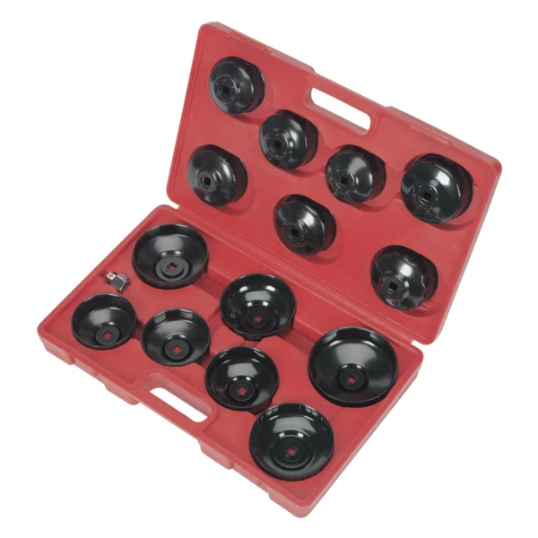 15 stykkja Sealey sett með olíusíutoppum og millistykki fyrir 3/8" og 1/2" drif. Plasttaska fylgir.