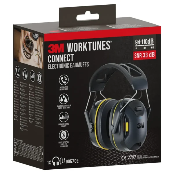 Umbúðir 3M WorkTunes Connect 90570E með merkingum SNR 33 dB, Bluetooth 5.3 og IP44.