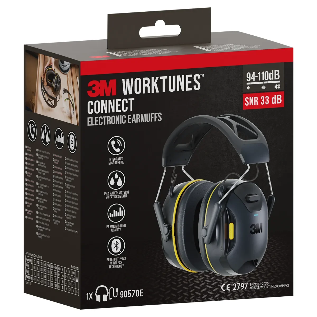 Umbúðir 3M WorkTunes Connect 90570E með merkingum SNR 33 dB, Bluetooth 5.3 og IP44.