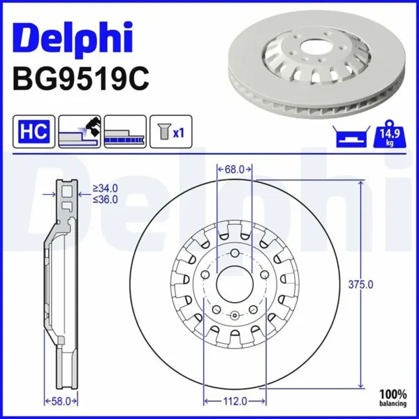 DELPHI Bremsudiskur framan 375mm Audi/VW, BG9519C