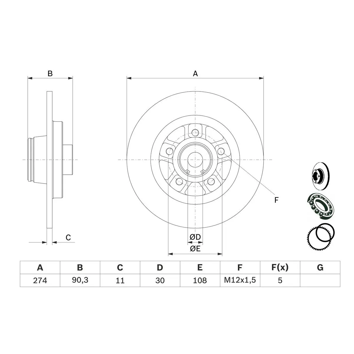 BOSCH Bremsudiskur aftan með legu / ABS, 0 986 479 015, vörumynd 2