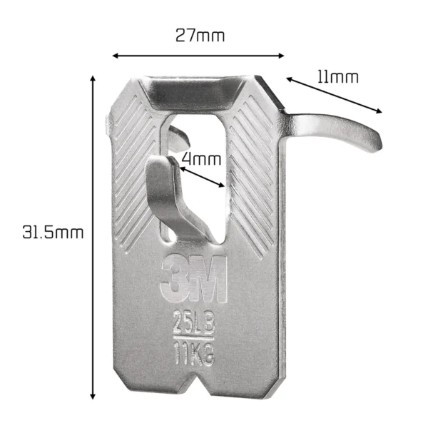 Málsetning á 3M CLAW 11 kg myndahengi, 31,5 mm hátt og 27 mm breitt.