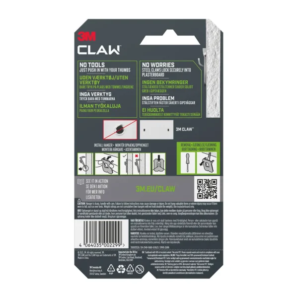 Bakhlið pakkningar fyrir 3M CLAW 11 kg myndahengi með uppsetningarleiðbeiningum.