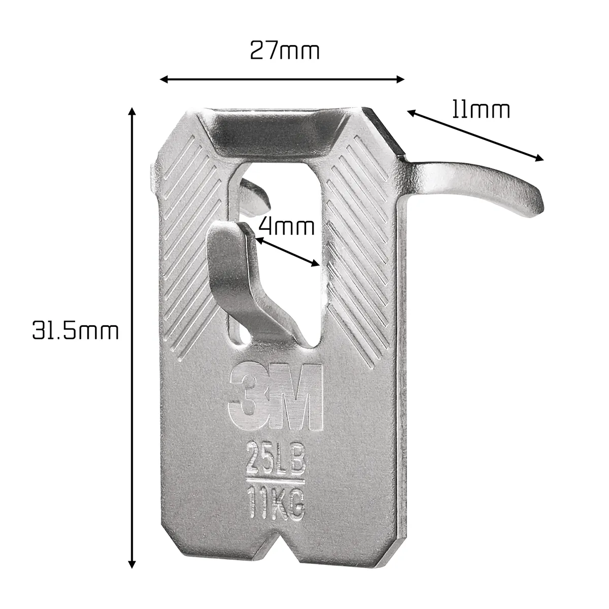 Málsetning á 3M CLAW 11 kg myndahengi, 31,5 mm hátt og 27 mm breitt.