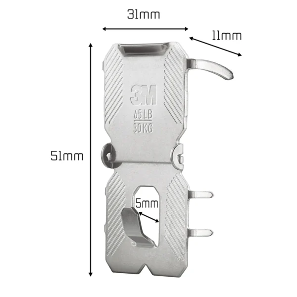Málsetning á 3M CLAW 30 kg myndahengi, 51 mm hátt og 31 mm breitt.