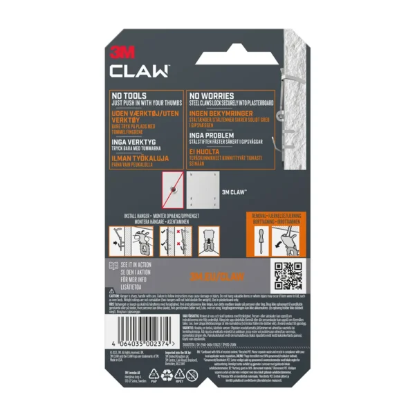 Bakhlið 3M CLAW 30 kg pakkningar með uppsetningarleiðbeiningum.
