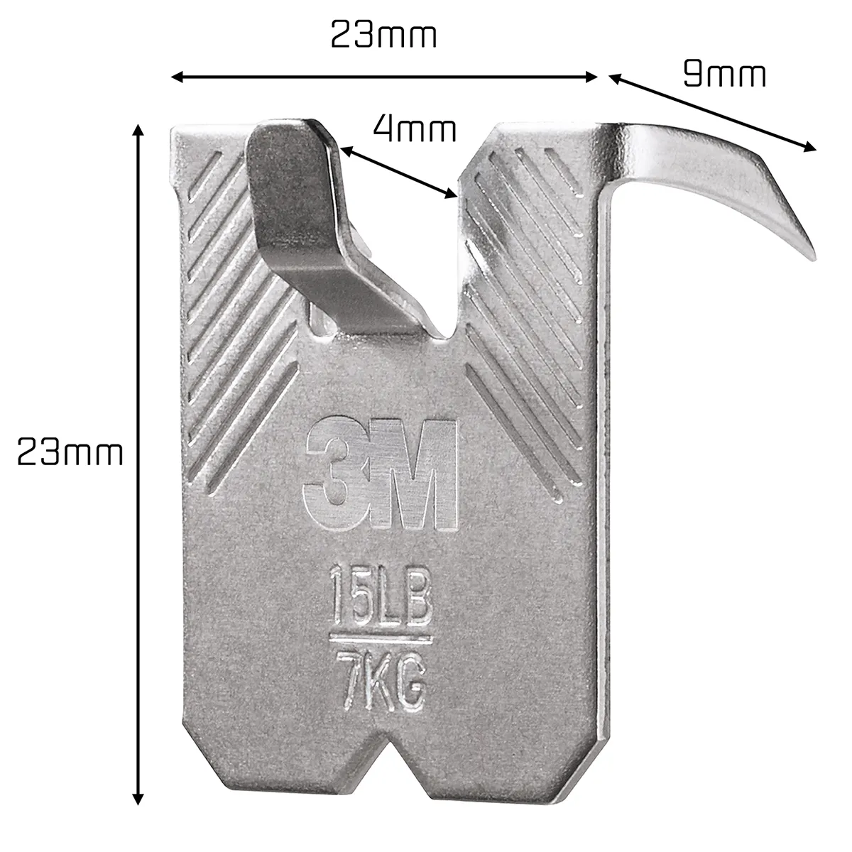Málsetning á 3M CLAW 7 kg myndahengi, 23 mm hátt og 23 mm breitt.