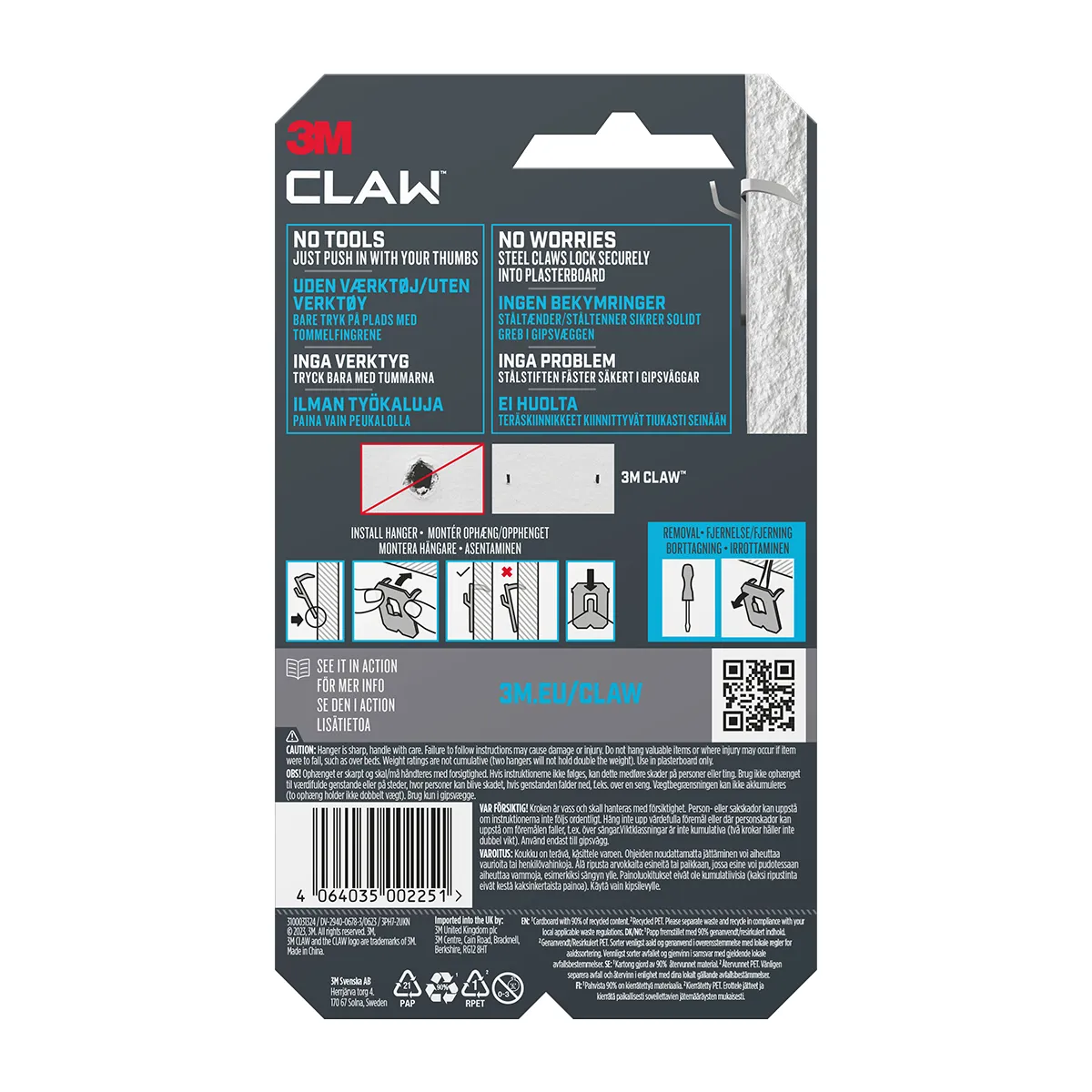 Bakhlið tveggja stykkja pakkningar fyrir 3M CLAW 7 kg myndahengi.