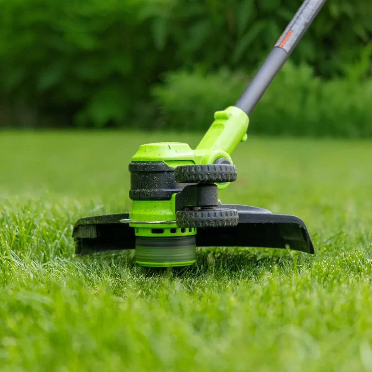 Greenworks 24V sláttuorf 33 cm – nærmynd af klippihaus í grasi