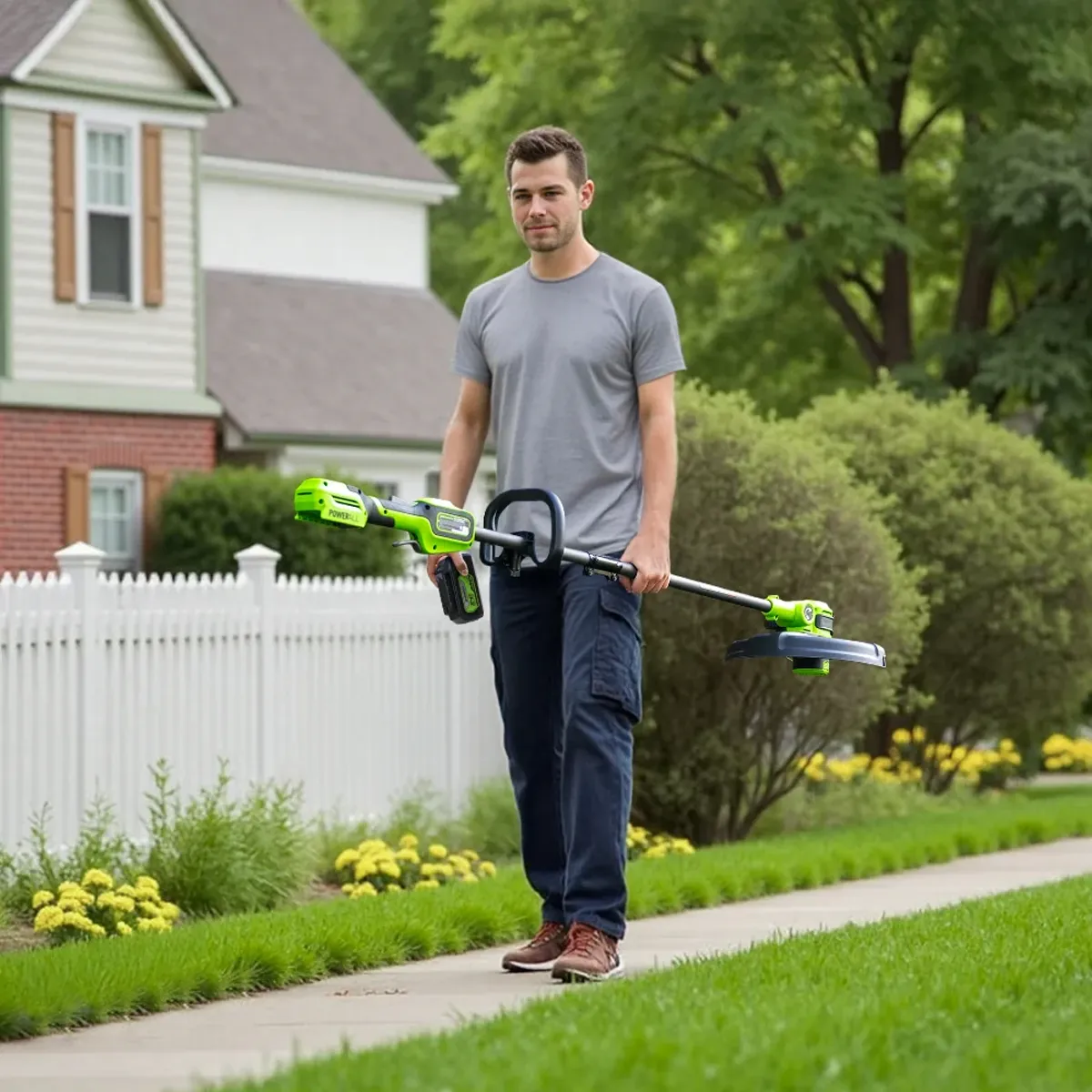 Greenworks 24V sláttuorf 33 cm – grasklippari borinn í garði