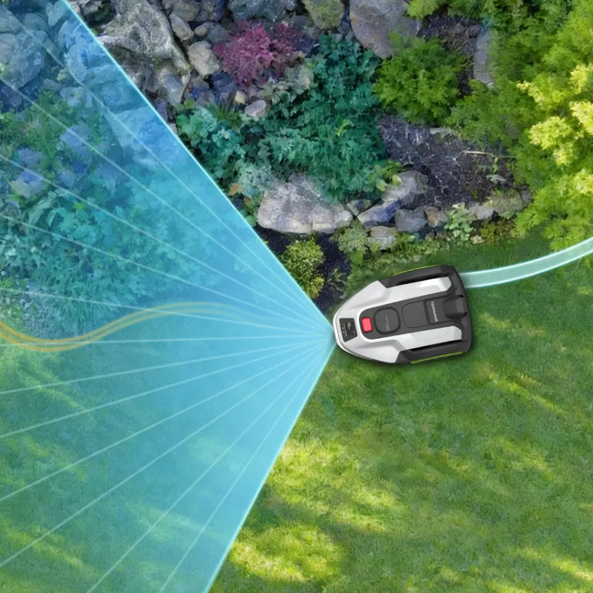 Greenworks AiMowbot C12 sláttuvélmenni – skýringarmynd af skynjun á grasflöt