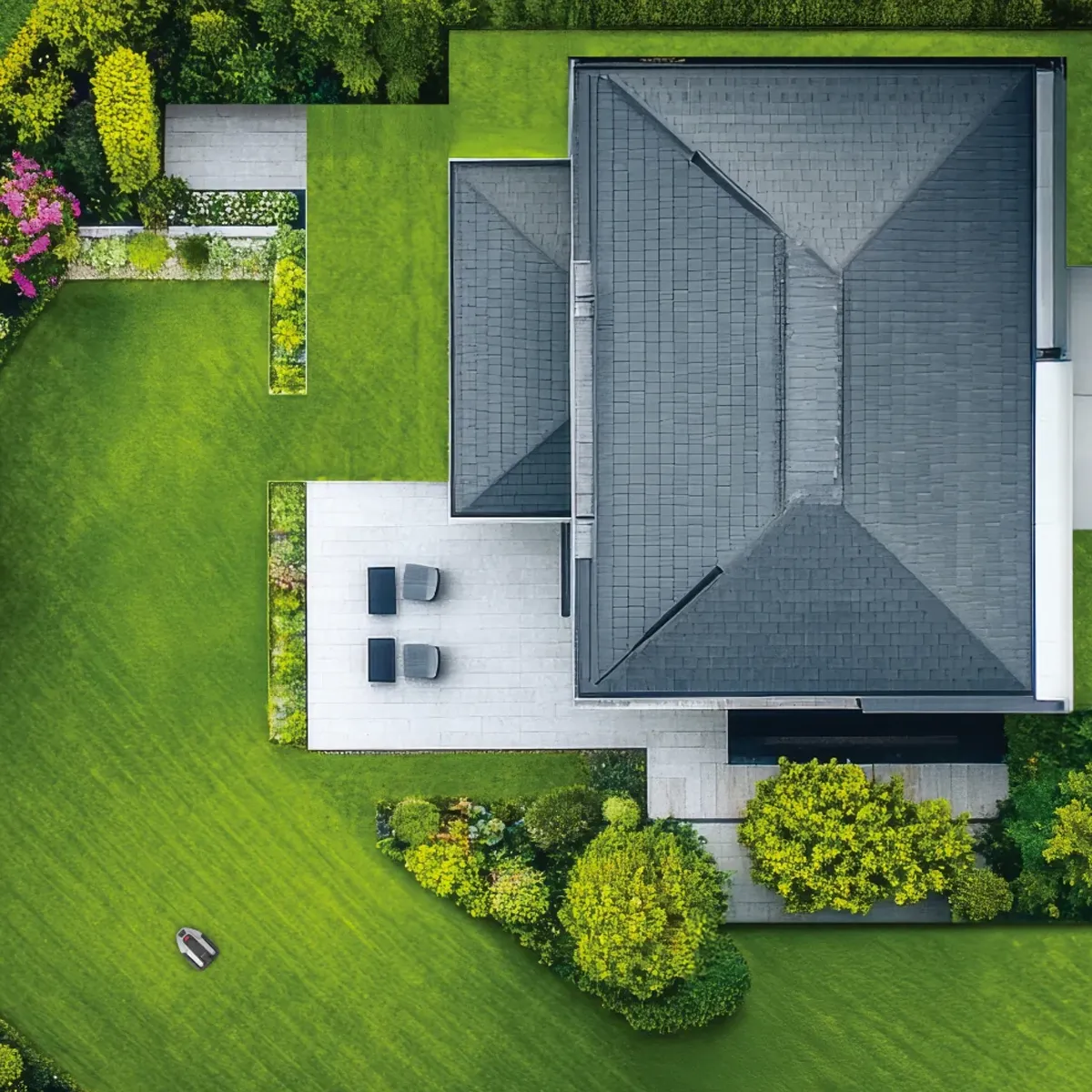Greenworks AiMowbot C12 sláttuvélmenni – yfirlitsmynd af sláttusvæði við hús