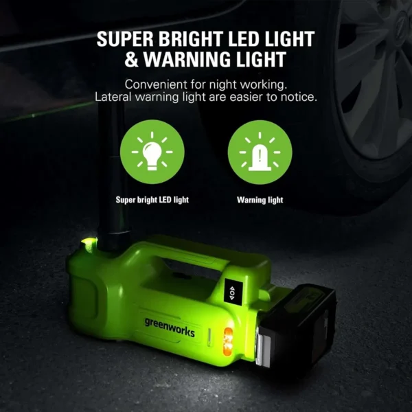 Greenworks 24V rafhlöðutjakkur – skýringarmynd af LED-ljósi og viðvörunarljósi