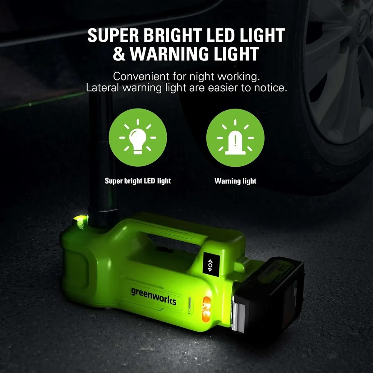 Greenworks 24V rafhlöðutjakkur – skýringarmynd af LED-ljósi og viðvörunarljósi
