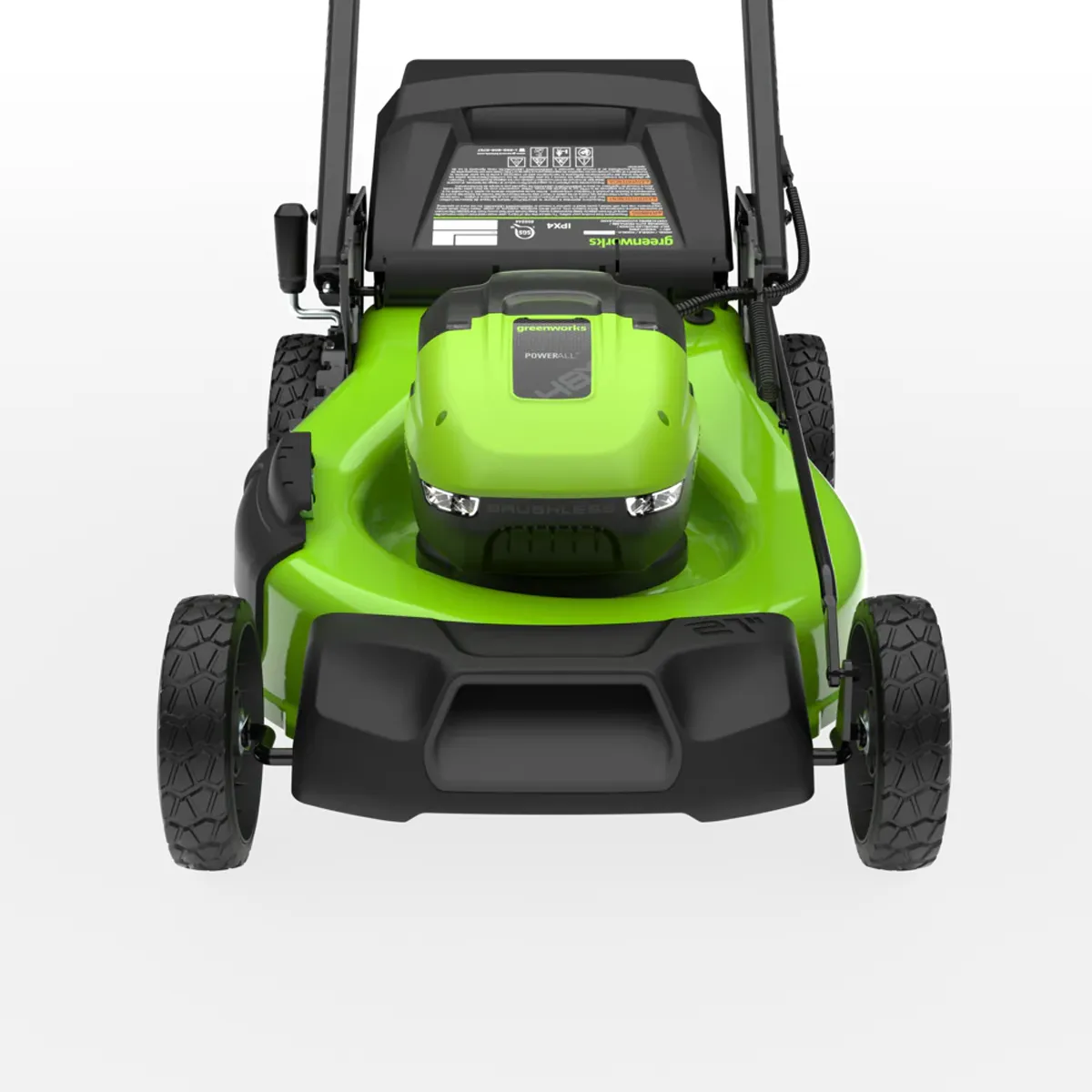 Greenworks LM5102SA1 séð ofan frá að framan, með rafhlöðuhlíf og framhjólum.