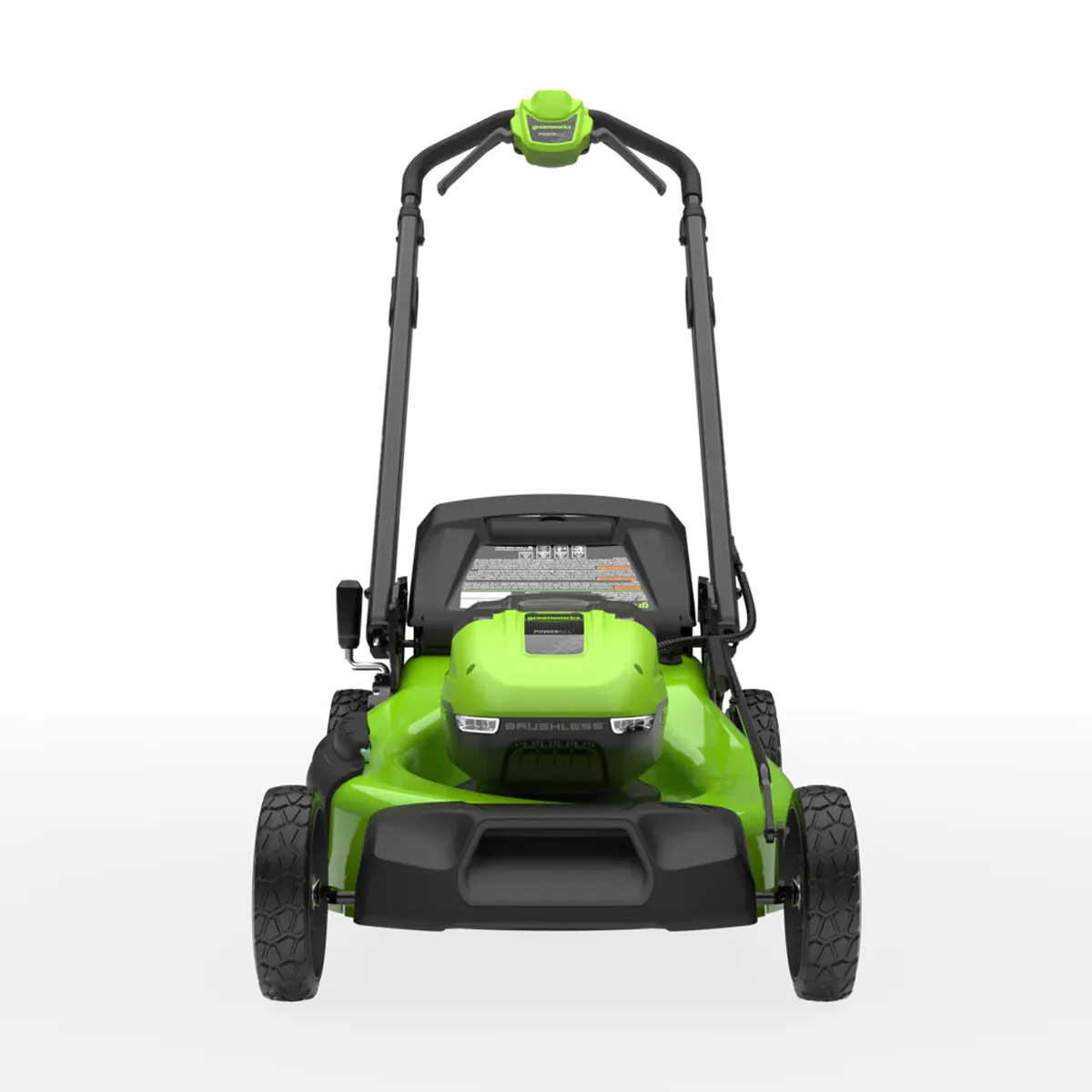 Greenworks LM5102SA1 sláttuvél séð beint að framan með uppréttu handfangi.