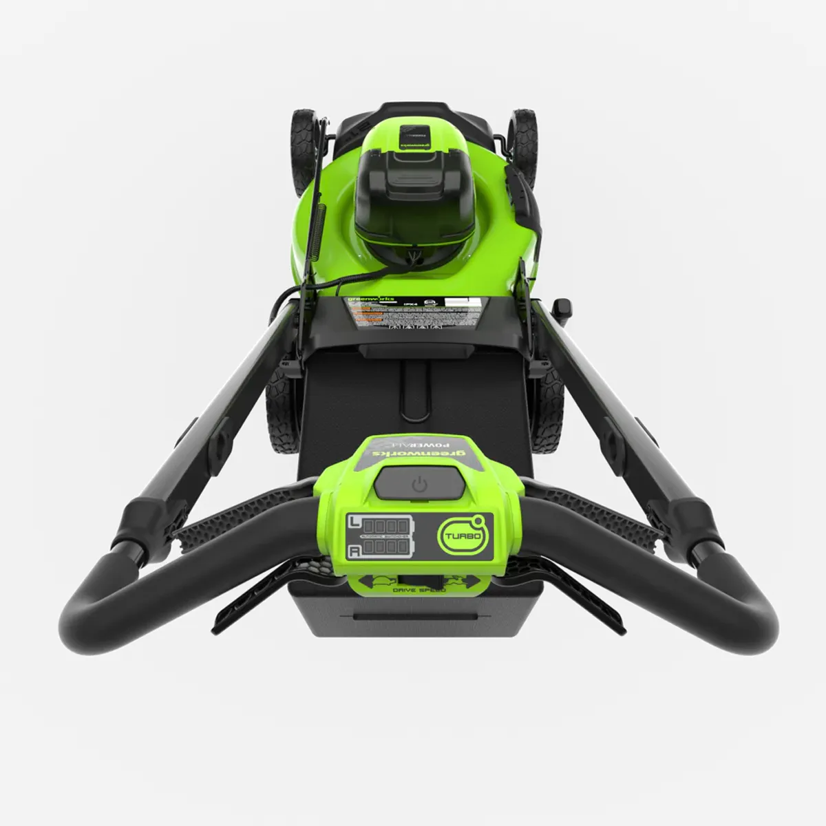 Greenworks LM5102SA1 séð yfir stjórnbúnað á handfanginu í átt að rafhlöðuhólfi.