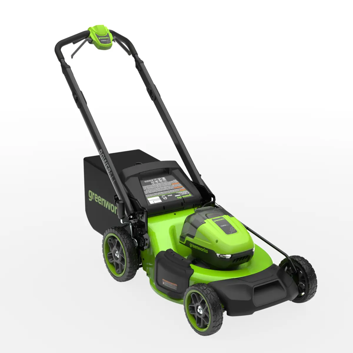 Greenworks LM5102SA1 séð skáhallt frá hlið með grassafnara og uppréttu handfangi.