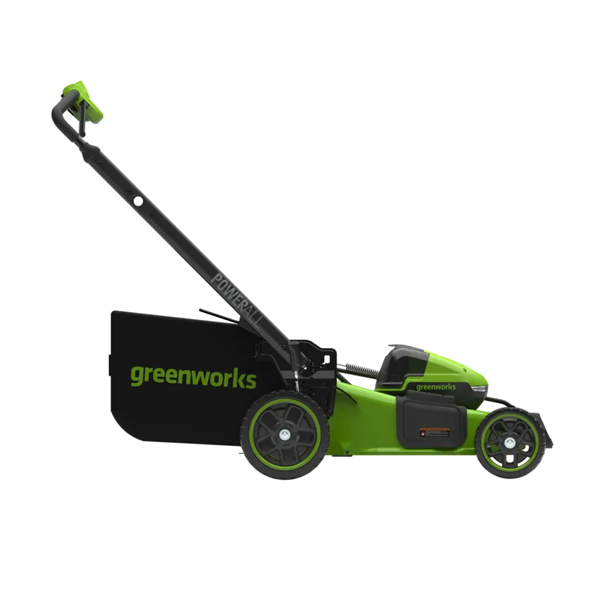 Greenworks LM5102SA1 séð frá hlið, með hjólum, grassafnara og hallandi handfangi.