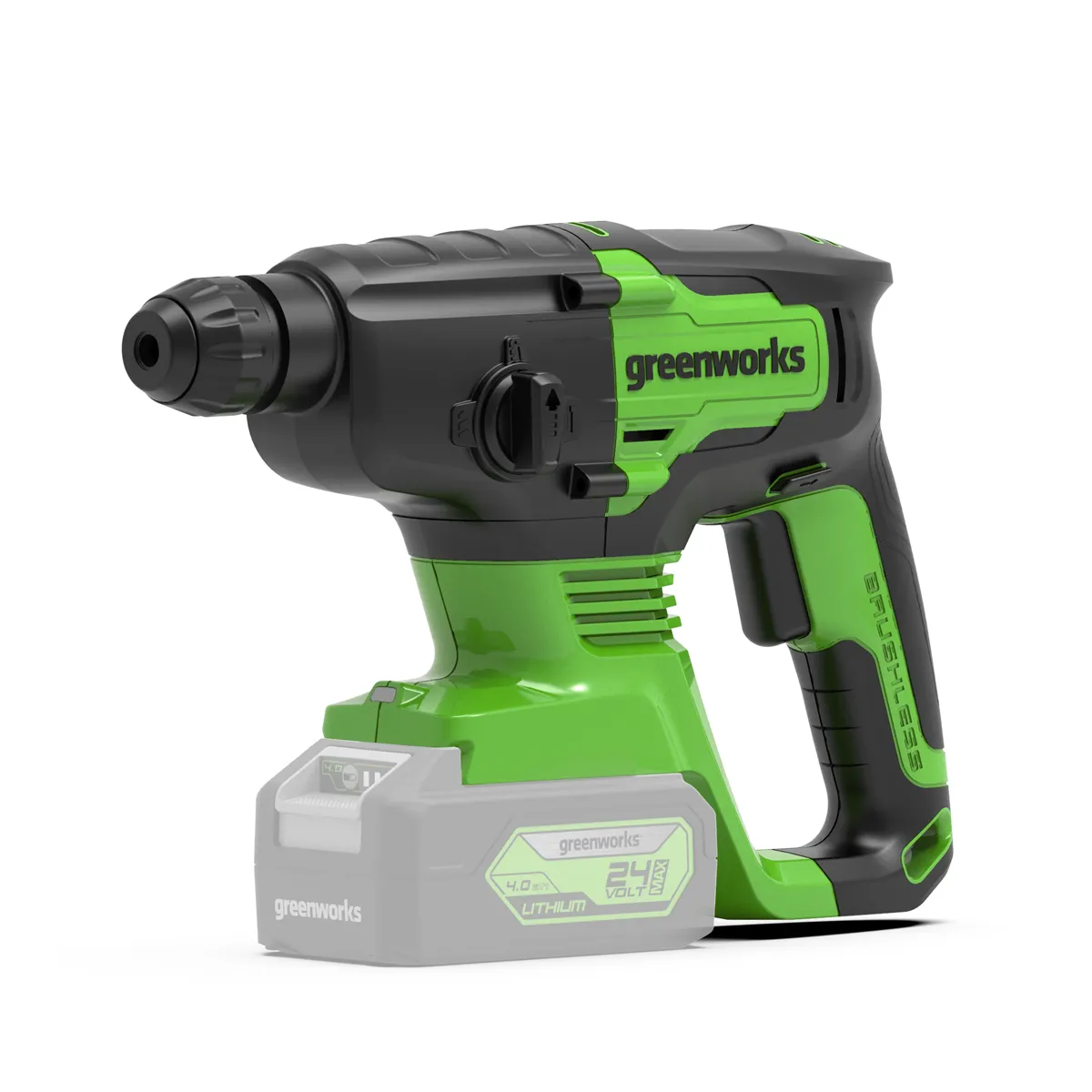 Greenworks 24V SDS höggborvél – séð frá hlið án rafhlöðu