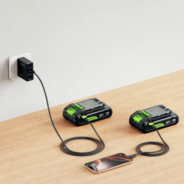 Greenworks hleðslutæki og USB-C rafhlöður tengd við síma