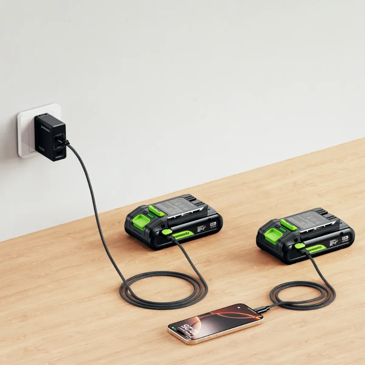 Greenworks hleðslutæki og USB-C rafhlöður tengd við síma