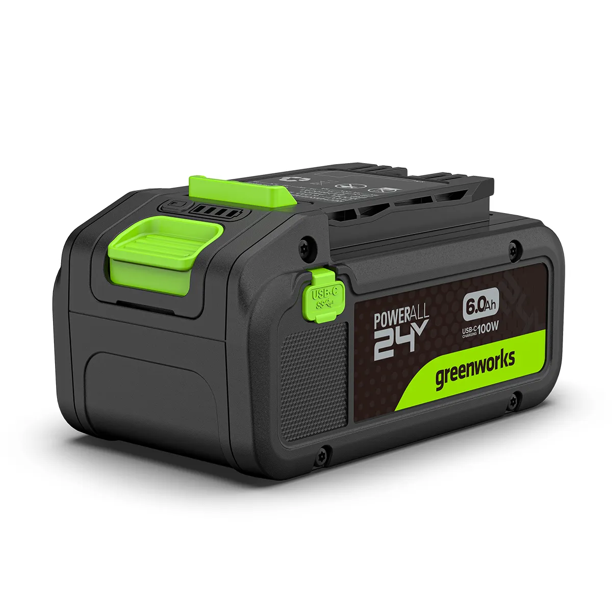Greenworks 24V rafhlaða 6 Ah – séð á ská með USB-C tengi