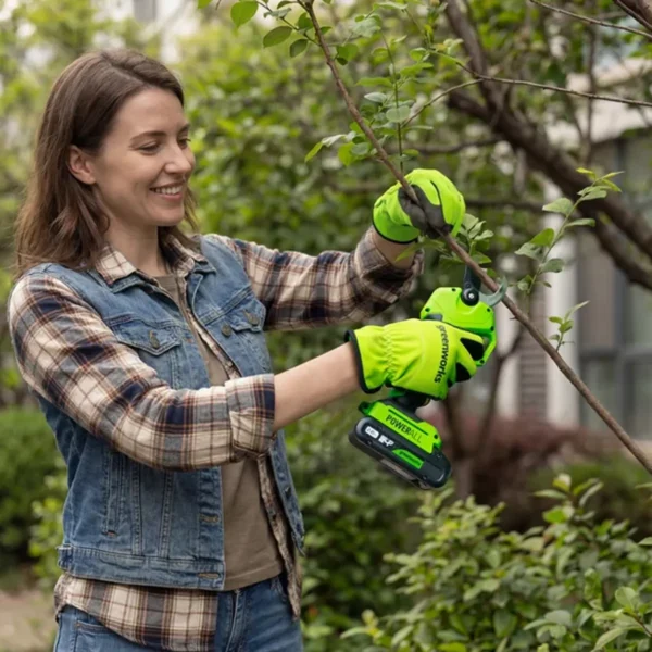 Greenworks 24V trjáklippur – í notkun við snyrtingu trés