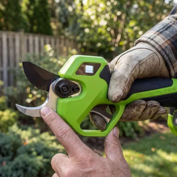 Greenworks 24V trjáklippur – nærmynd af blöðum og stjórnskjá
