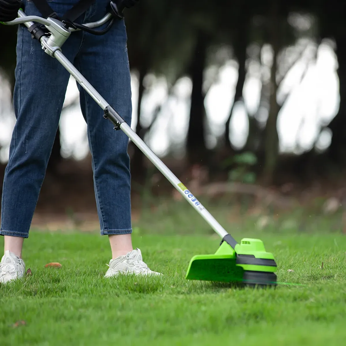 Greenworks 48V sláttuorf 38 cm – sláttuhaus í notkun á grasflöt