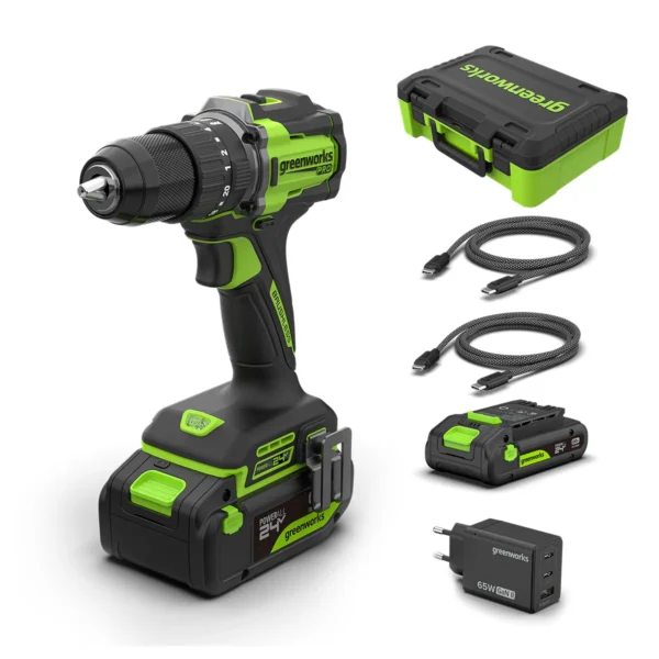 Greenworks 24V höggborvélasett 60 Nm – með tösku, tveimur rafhlöðum, hleðslutæki og USB-C snúrum