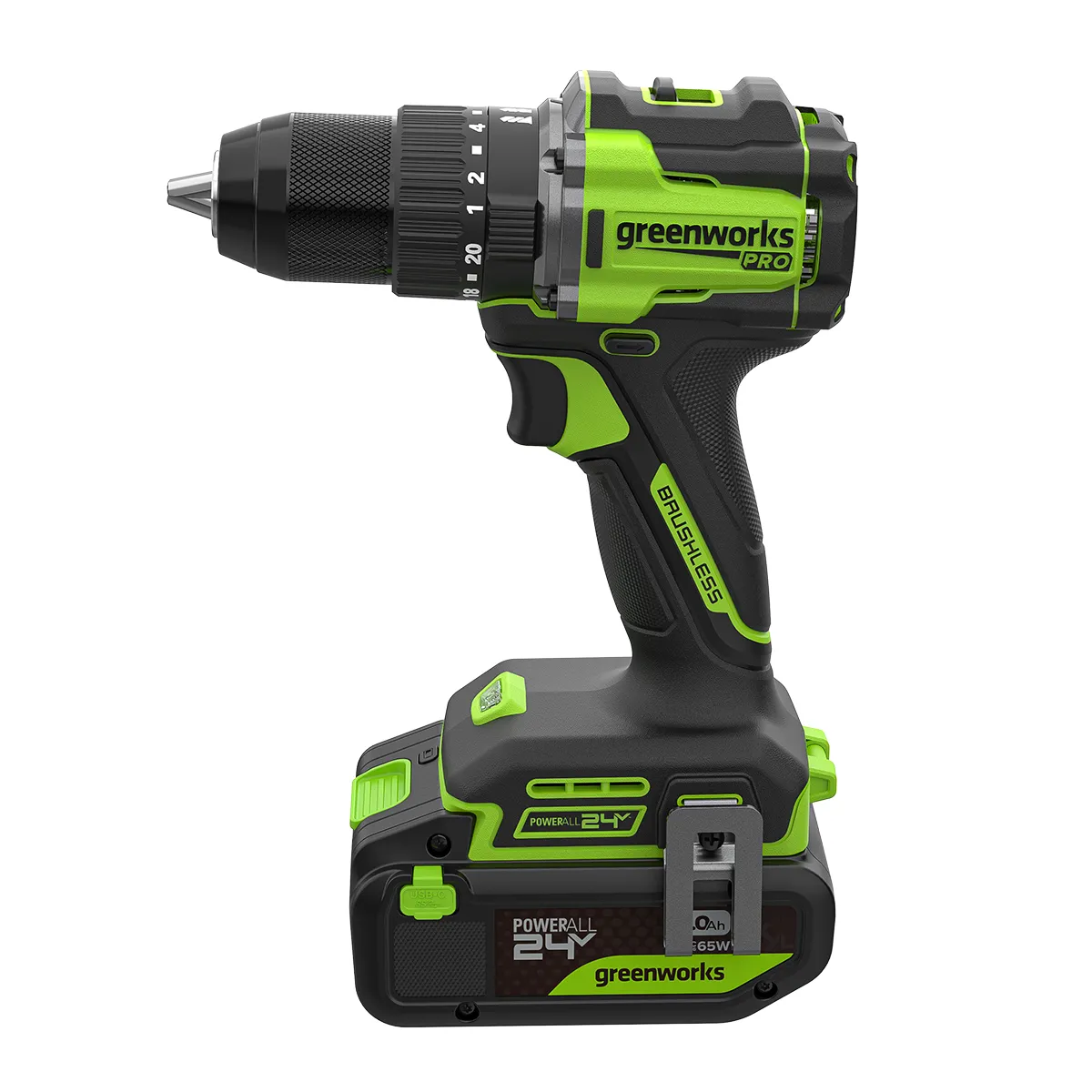 Greenworks 24V höggborvélasett 60 Nm – séð frá hlið með beltisklemmu