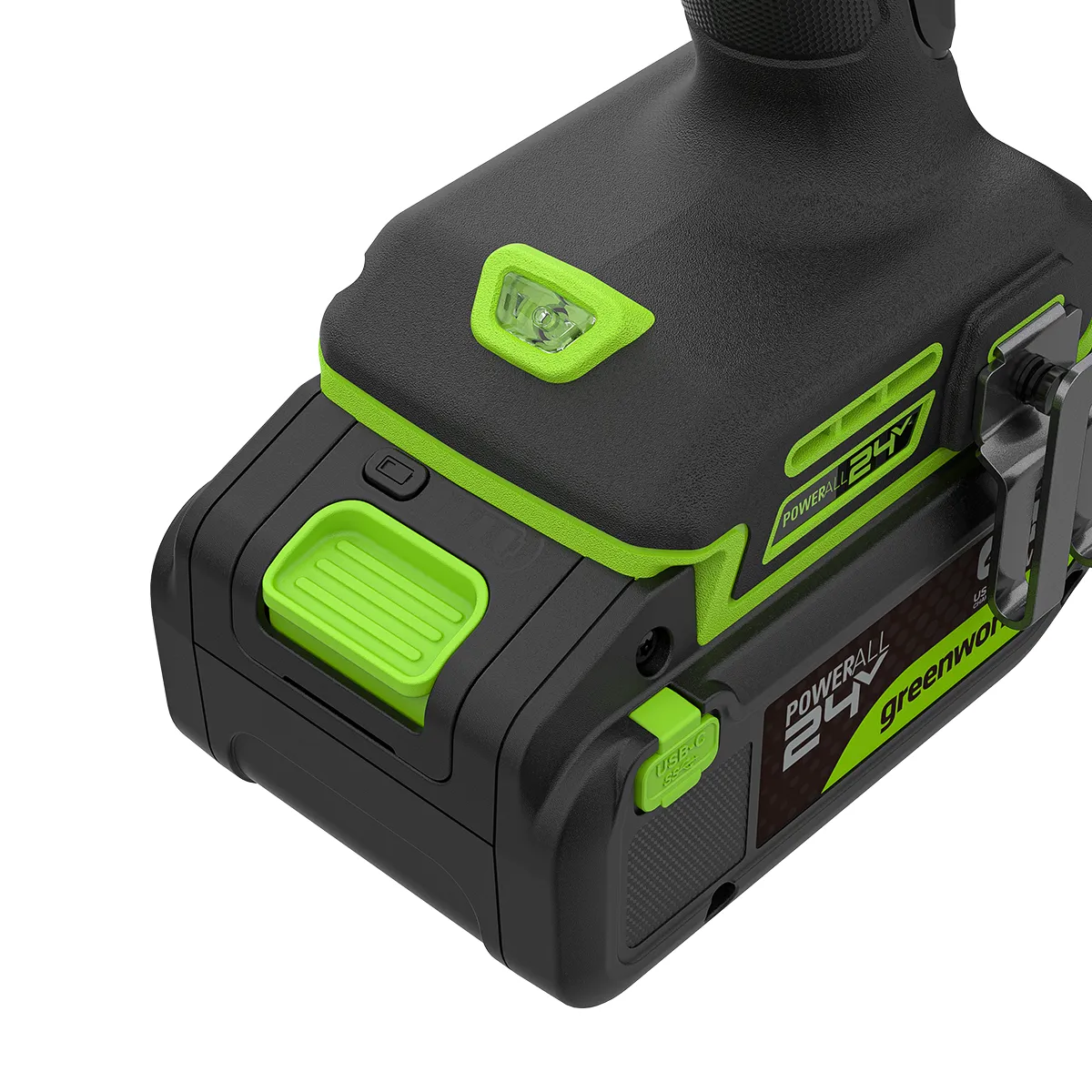 Greenworks 24V höggborvélasett 60 Nm – nærmynd af vinnuljósi og rafhlöðufestingu