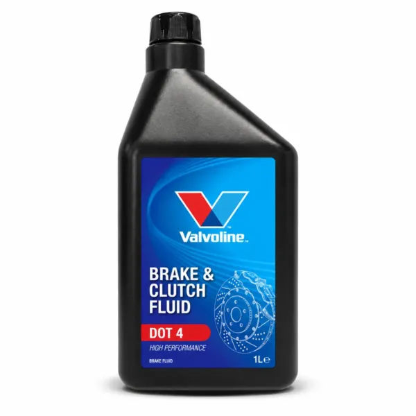 Svört 1 L flaska af Valvoline DOT 4 bremsu- og kúplingsvökva með bláum merkimiða.