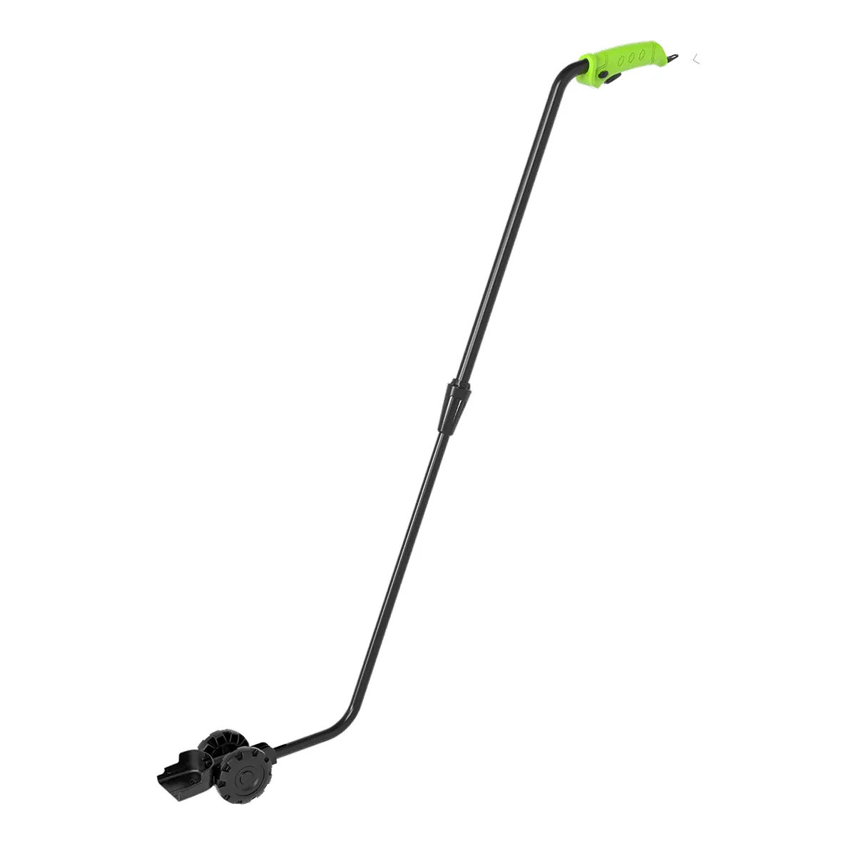 Greenworks framlengingarskaft með grænu handfangi, hjólum og festingu fyrir G24SHT klippur.