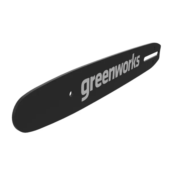 Svart 30 cm Greenworks keðjusverð með hvítu merki og festirauf.