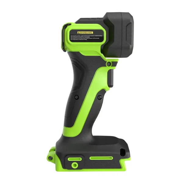 Hlið Greenworks G24SL200 vinnuljóss með viðvörunarmerkingu á ljósahaus.