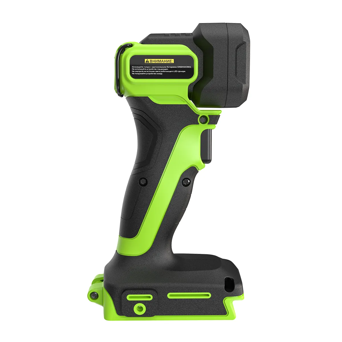 Hlið Greenworks G24SL200 vinnuljóss með viðvörunarmerkingu á ljósahaus.