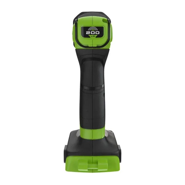 Bakhlið Greenworks G24SL200 vinnuljóss með hengilykkju og 200 lm merkingu.