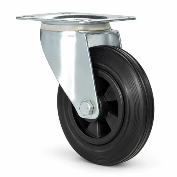 Ramström snúningshjól, 80 mm, með svörtum gúmmíhjólbarða og galvaníseraðri festingu.