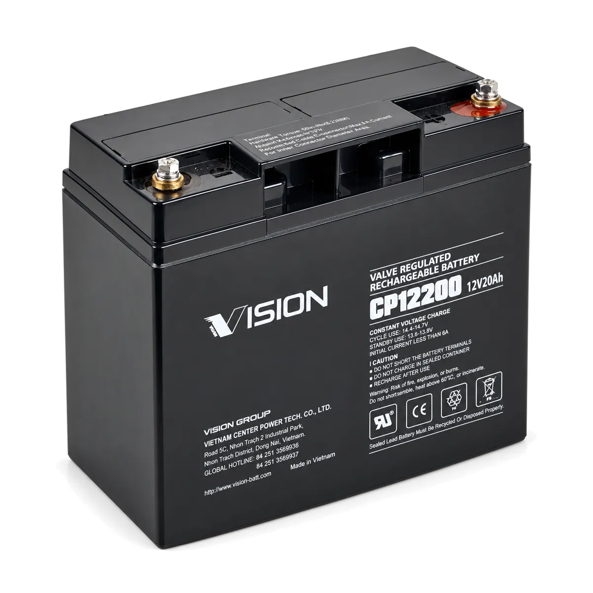 Svartur Vision CP12200 12 V 20 Ah AGM-rafgeymir með skrúfutengjum að ofan