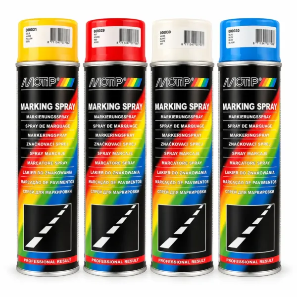 Fjórir MOTIP Marking Spray merkispreybrúsar í gulum, rauðum, hvítum og bláum lit